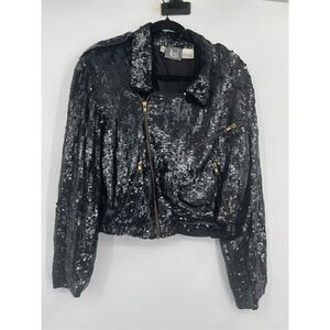 Modi Black Long Sleeve Pure Silk Lined Sequin Zip Jacket Size 2-4